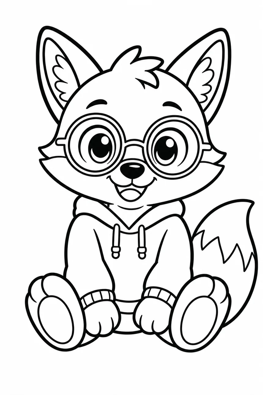 Coloriage d'un bébé renard tout rond, assis et souriant