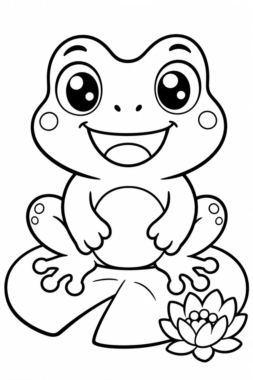 Coloriage kawaii de Bulle la grenouille assise toute ronde sur un nénuphar rond, une petite fleur de nénuphar à côté