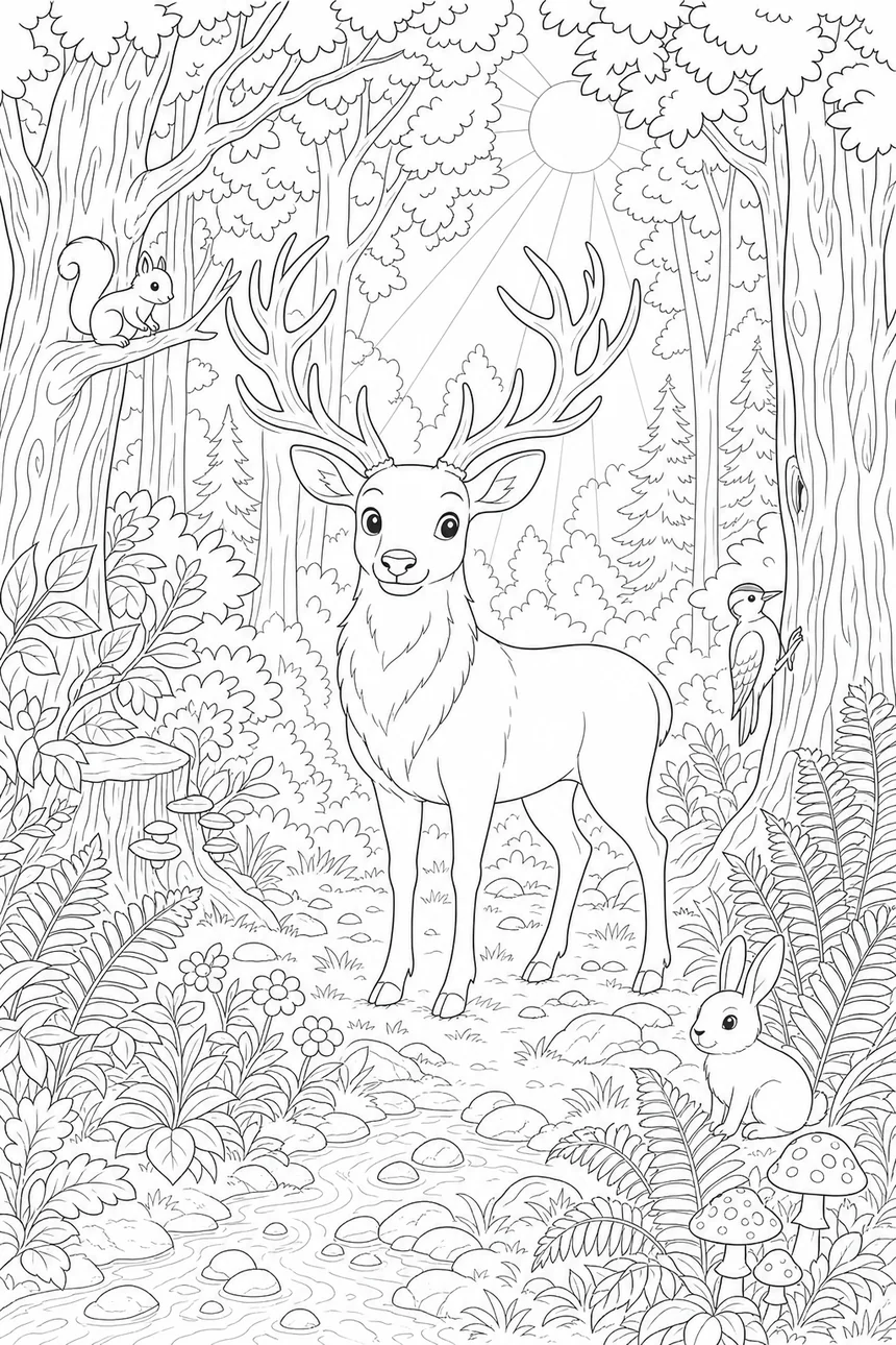 Coloriage d'un grand cerf debout dans une clairière, bois majestueux dressés, arbres et fougères autour, rayons de lumière entre les troncs