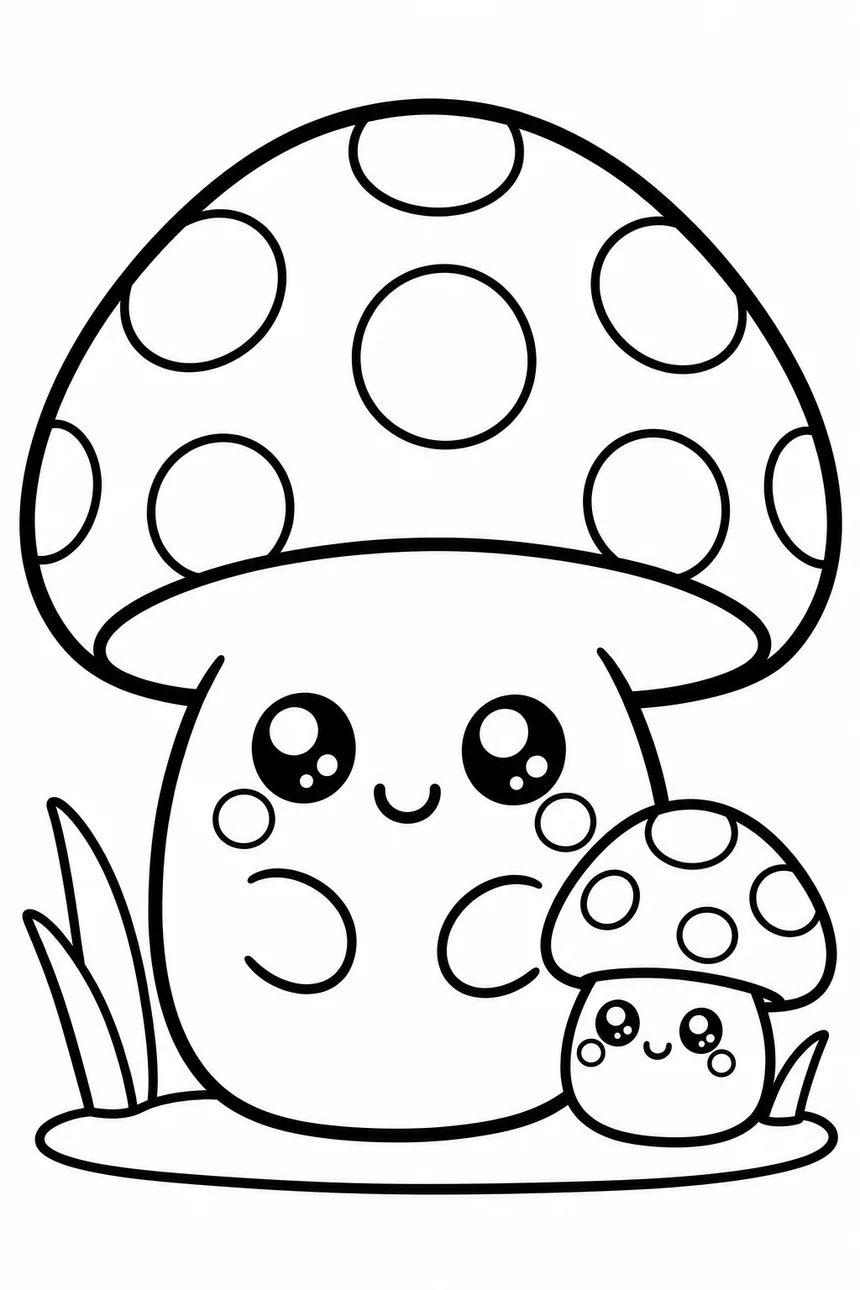 Coloriage kawaii d'un grand champignon au chapeau à pois avec un visage souriant sur le pied, un champignon enfant à côté