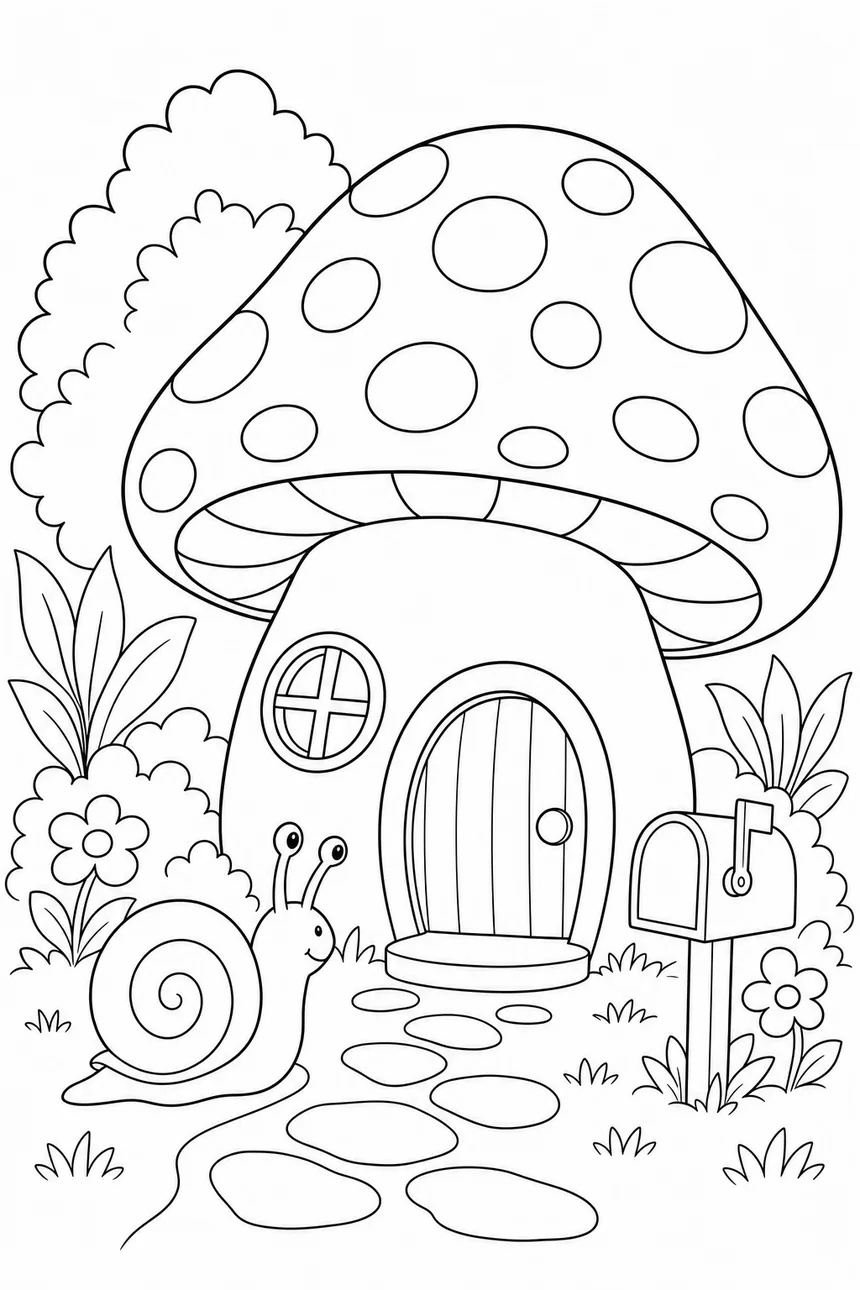 Coloriage d'un grand champignon transformé en maison avec une porte ronde et une fenêtre dans le pied, une boîte aux lettres, un escargot en visite