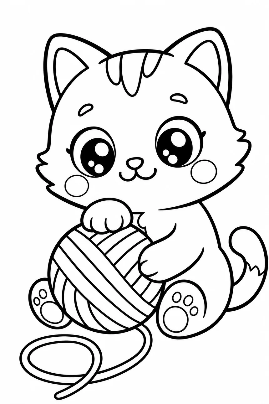 Coloriage kawaii d'un chaton assis qui tapote une grosse pelote de laine, un fil de laine dessinant une boucle