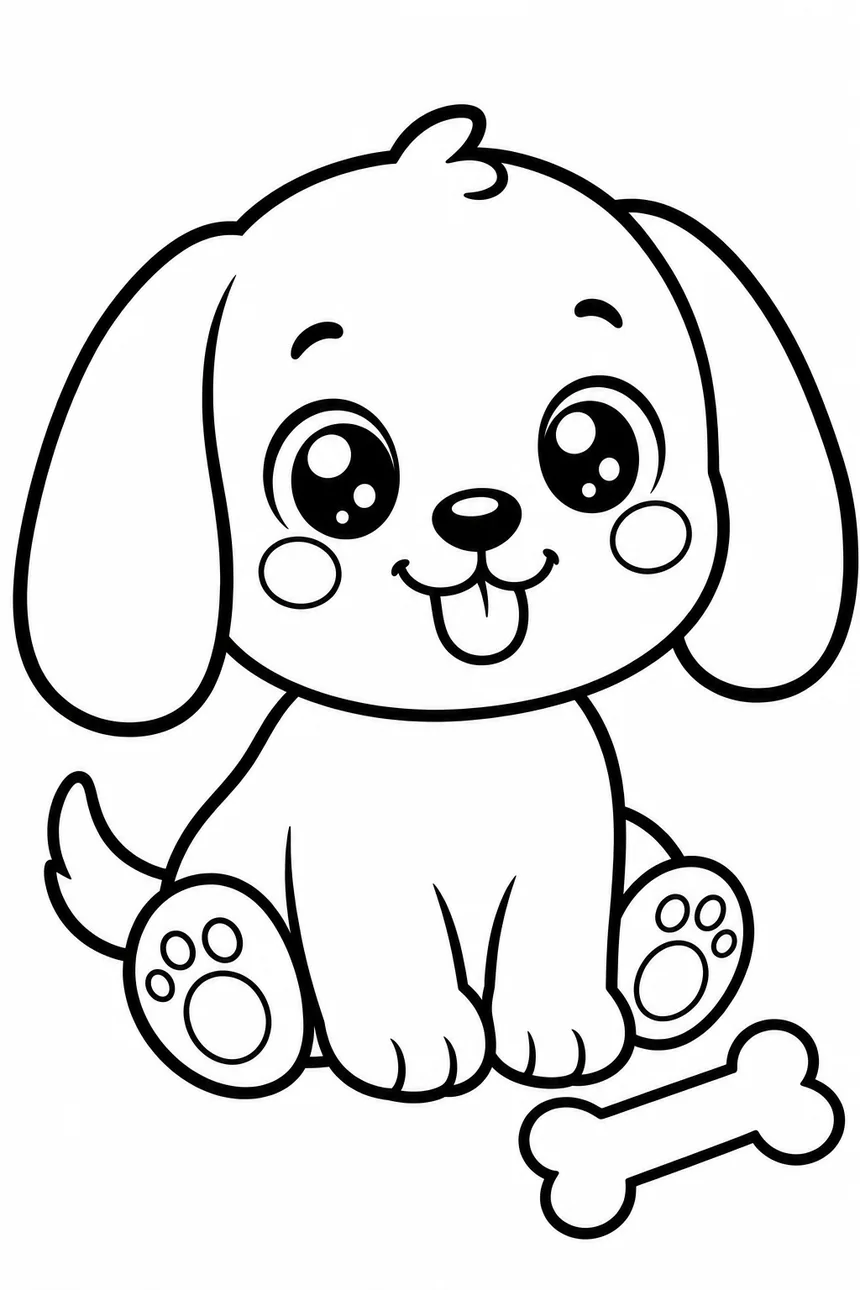 Coloriage kawaii d'un chiot assis aux longues oreilles tombantes, la langue sortie, un petit os posé devant lui