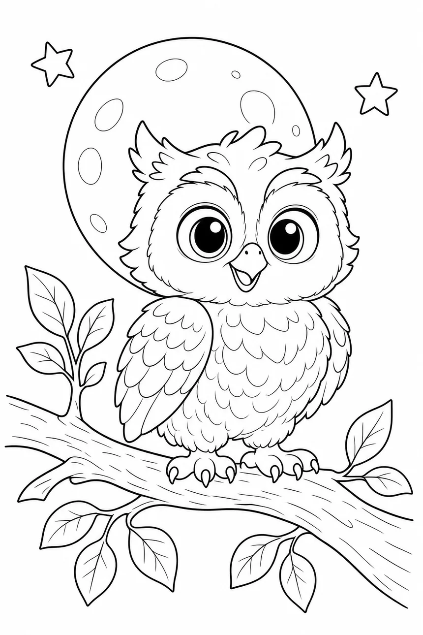 Coloriage de Véga la chouette perchée sur une branche feuillue la nuit, une grande lune ronde derrière elle et deux étoiles