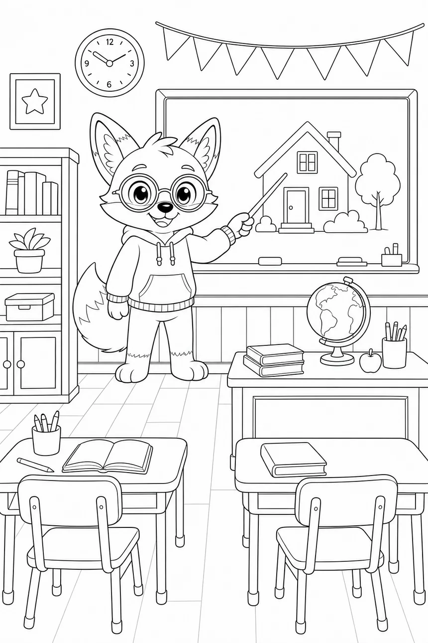 Coloriage de Ren le renard au tableau noir d'une classe, montrant un dessin de maison, deux pupitres, une bibliothèque et un globe