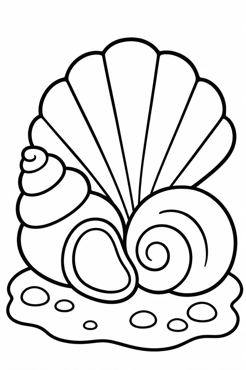 Coloriage de trois grands coquillages différents sur le sable : un en spirale, un en éventail, un tout rond, avec des galets autour