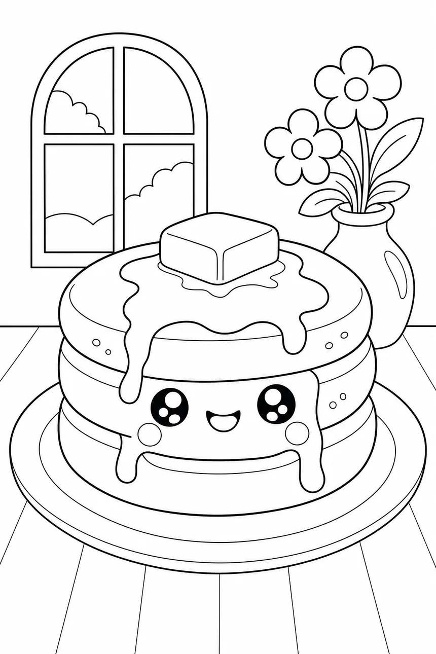 Coloriage kawaii d'une pile de trois crêpes épaisses au visage souriant, carré de beurre fondant et sirop qui coule sur les côtés