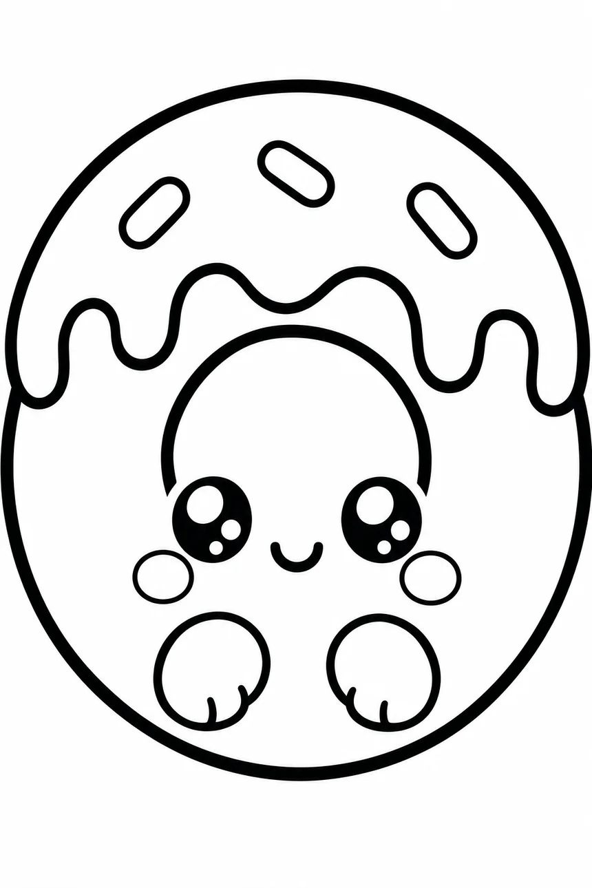 Coloriage kawaii d'un gros donut au nappage dégoulinant avec un petit visage souriant et trois vermicelles en sucre