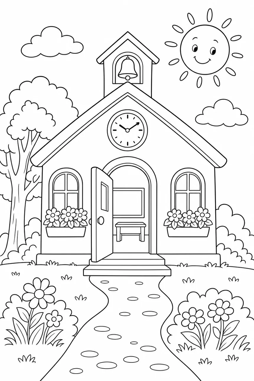 Coloriage de la façade d'une petite école avec une horloge au-dessus de la porte ouverte, deux fenêtres à jardinières fleuries, un chemin
