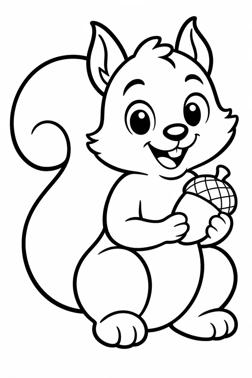 Coloriage de Nina l'écureuil assise bien droite, grande queue relevée en panache, une noisette entre les pattes