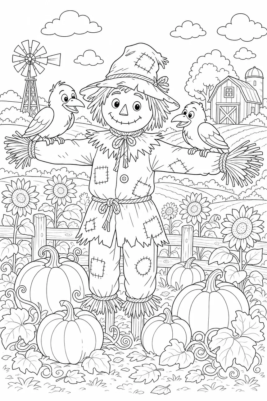 Coloriage d'un épouvantail souriant au chapeau rapiécé, manches débordant de paille, deux corbeaux perchés sur ses bras, citrouilles à ses pieds
