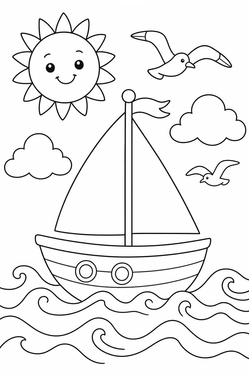 Coloriage d'un petit voilier à deux voiles triangulaires sur des vagues rondes, un soleil souriant et deux mouettes dans le ciel