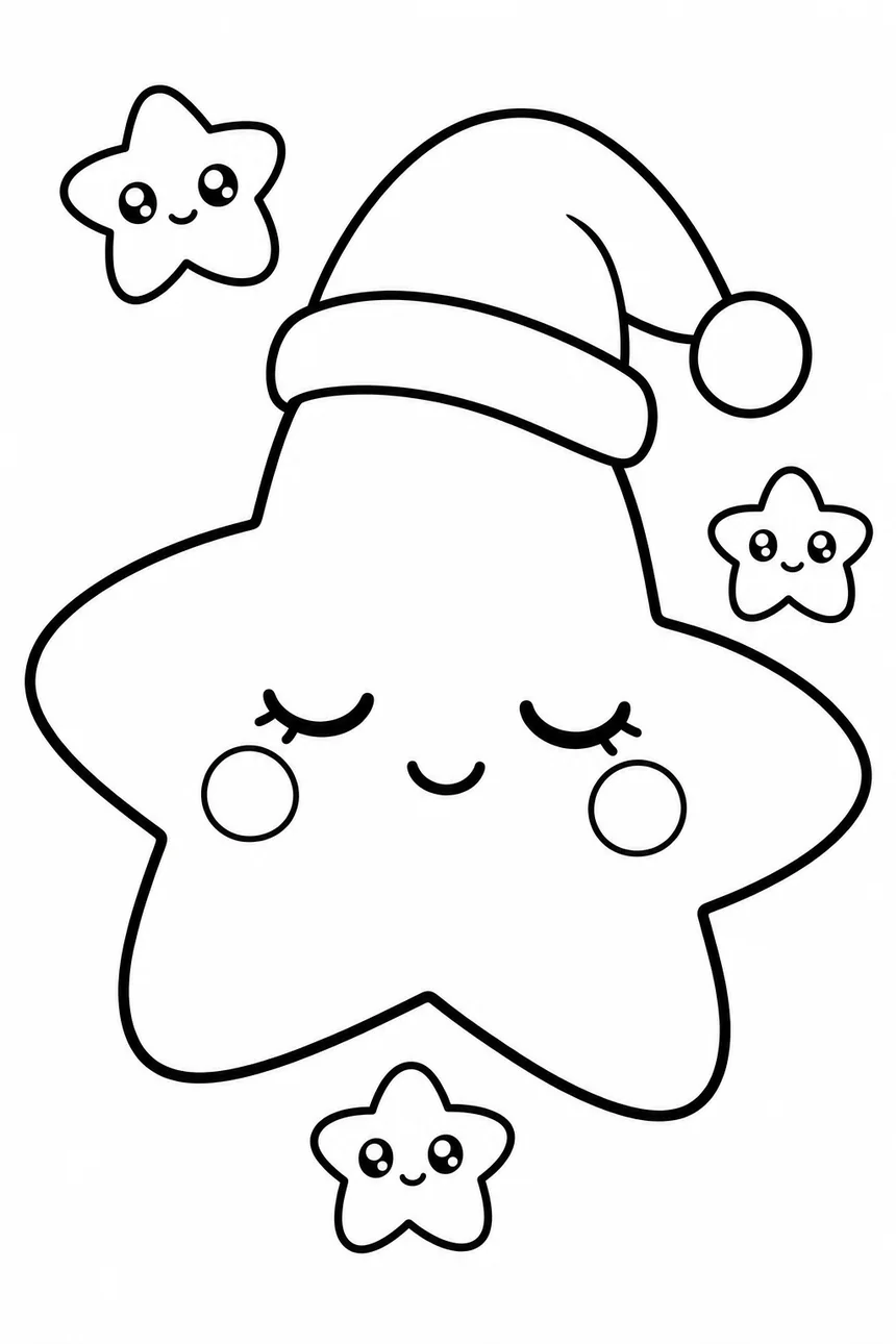 Coloriage kawaii d'une grande étoile à cinq branches au visage endormi, coiffée d'un petit bonnet de nuit, trois étoiles rondes autour