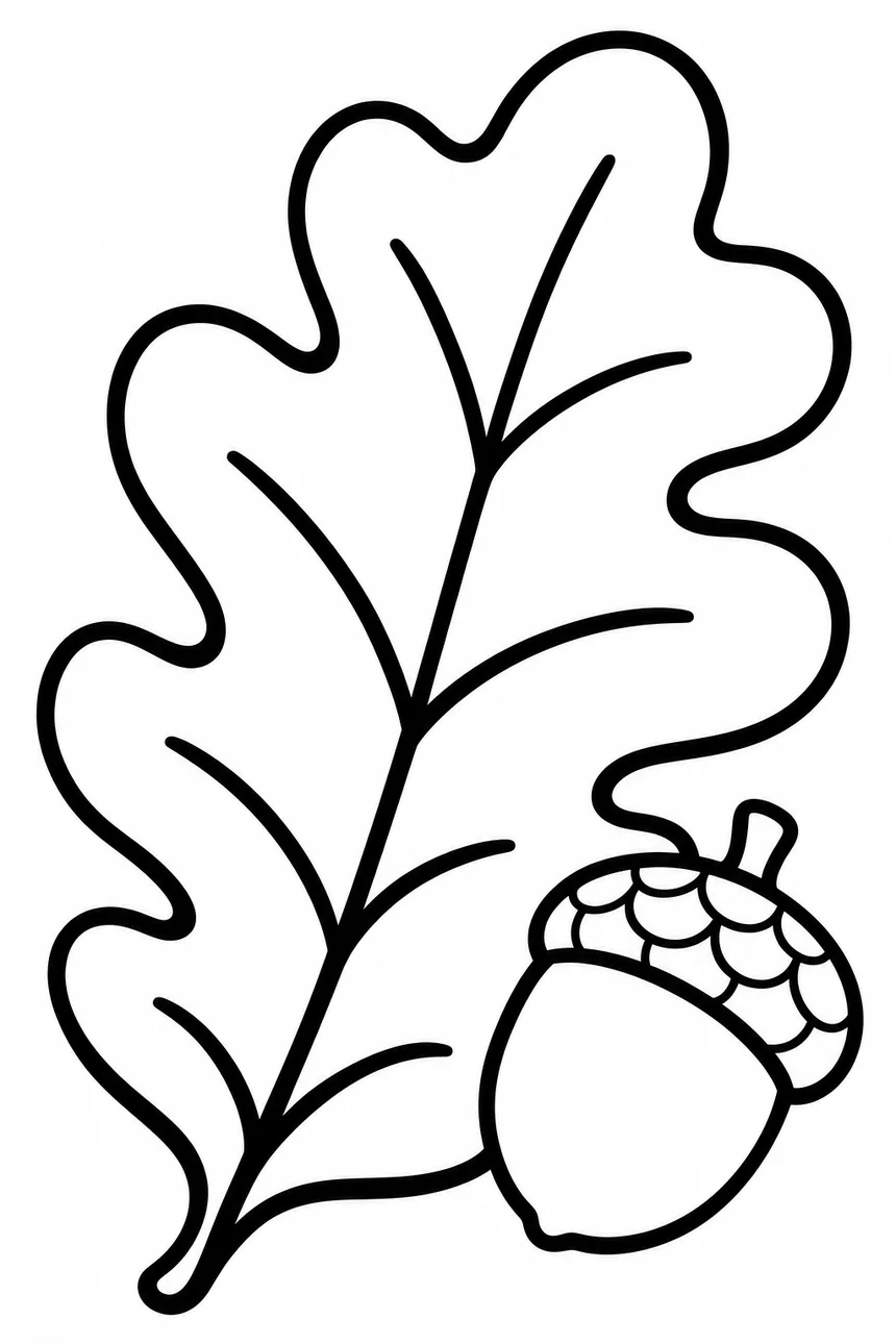 Coloriage d'une feuille de chêne géante aux bords ondulés avec ses grosses nervures, un petit gland posé à côté