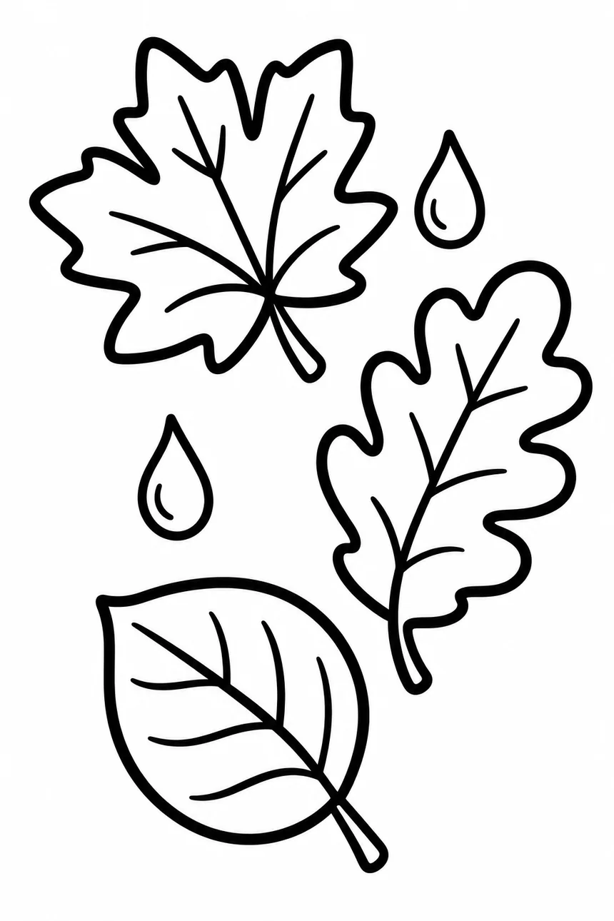 Coloriage de trois grandes feuilles d'automne différentes qui tombent doucement, deux gouttes de pluie entre elles