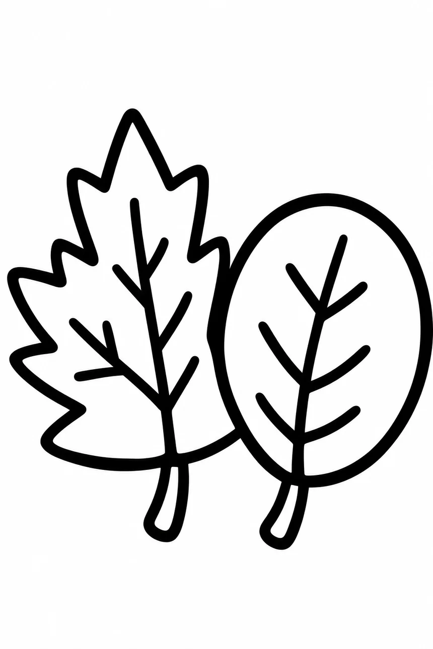 Coloriage de deux très grandes feuilles côte à côte, une feuille d'érable et une feuille ronde, contours très épais et nervures simples