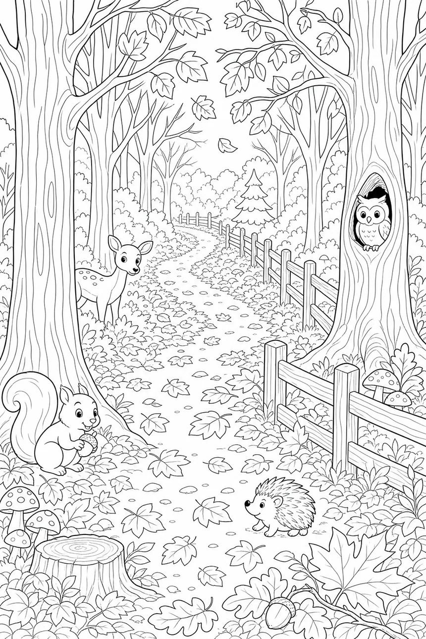 Coloriage d'un sentier qui serpente dans une forêt d'automne, barrière en bois, tapis de feuilles, avec une biche, un écureuil, un hérisson et une chouette cachés