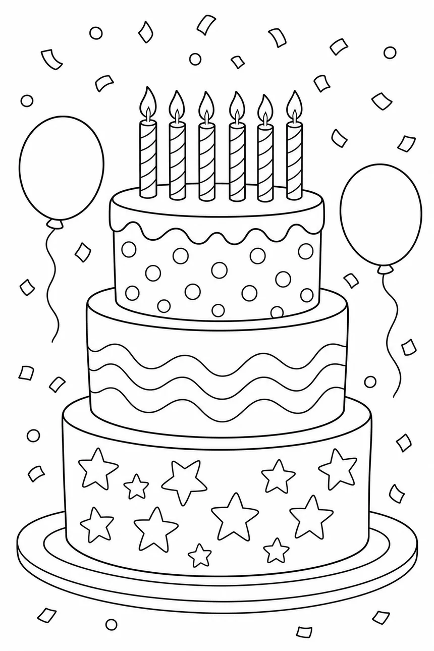 Coloriage d'un gâteau d'anniversaire à trois étages aux motifs différents, pois, vagues et étoiles, avec ses six bougies et des confettis