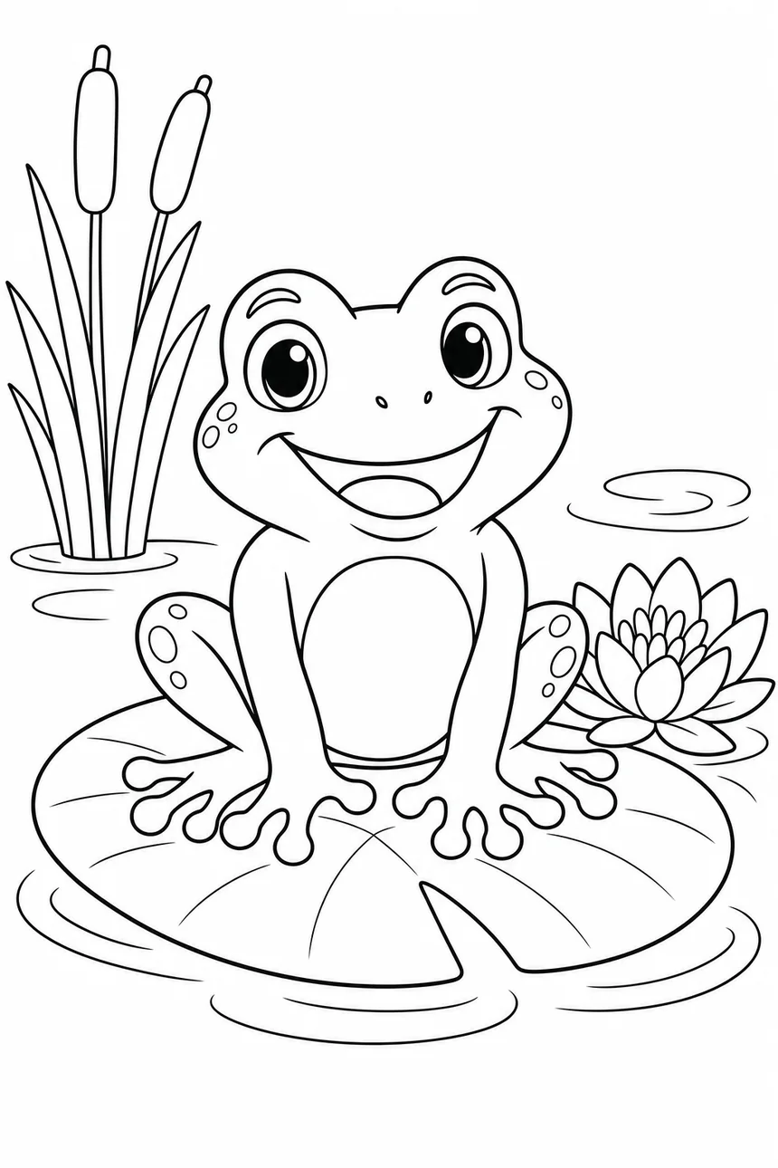 Coloriage de Bulle la grenouille assise sur un grand nénuphar rond, une fleur de nénuphar ouverte à côté, petits ronds d'eau autour
