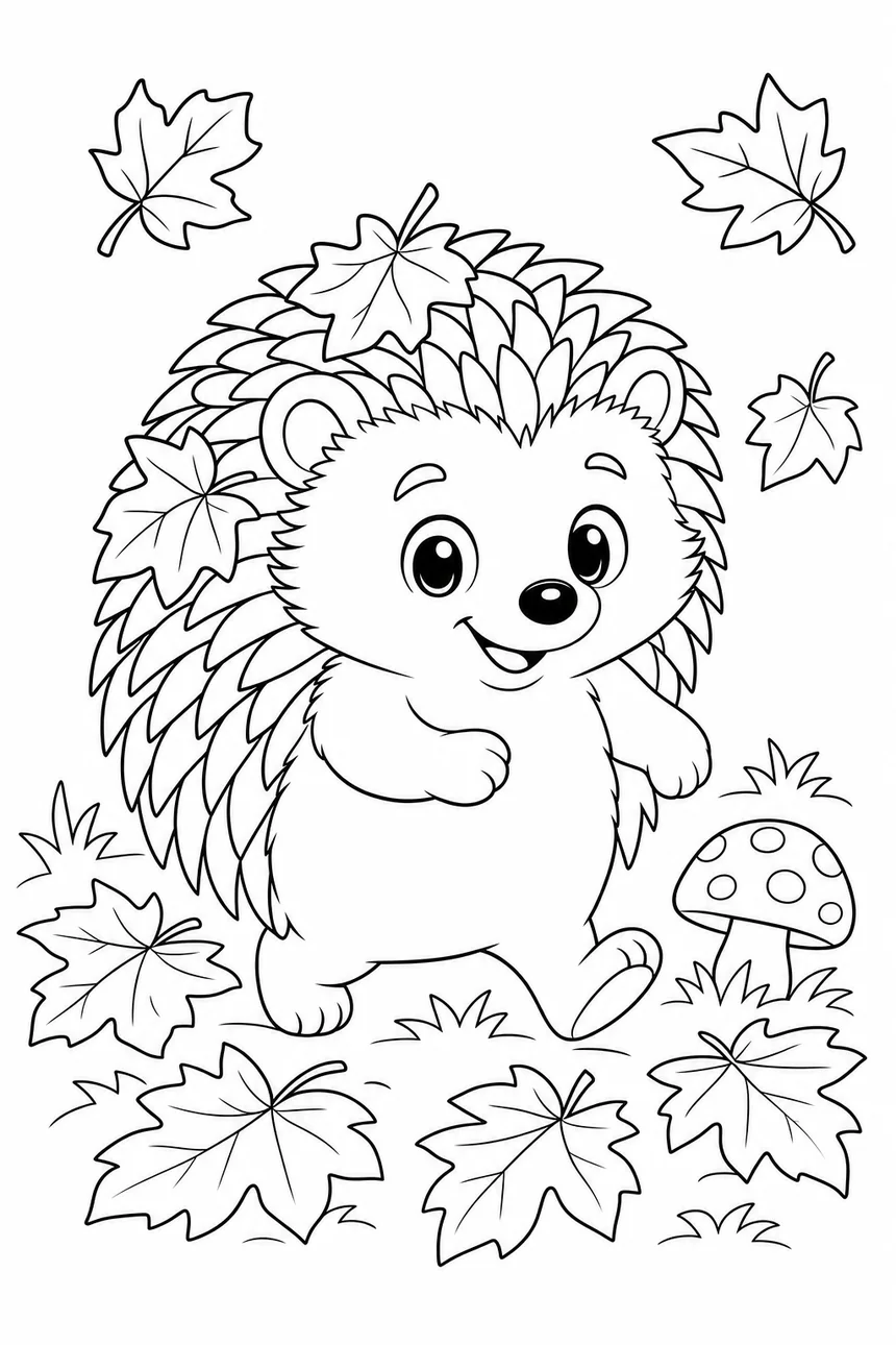 Coloriage de Malo le hérisson qui marche parmi de grandes feuilles d'automne, deux feuilles accrochées à ses piquants, un champignon à côté