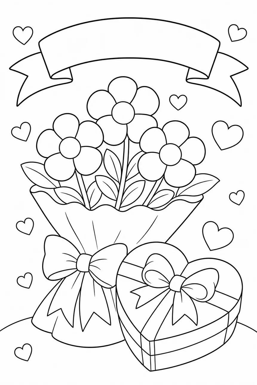 Coloriage d'anniversaire pour maman : un ruban-banderole vide en haut, un gros bouquet de fleurs et un cadeau en forme de cœur, petits cœurs autour