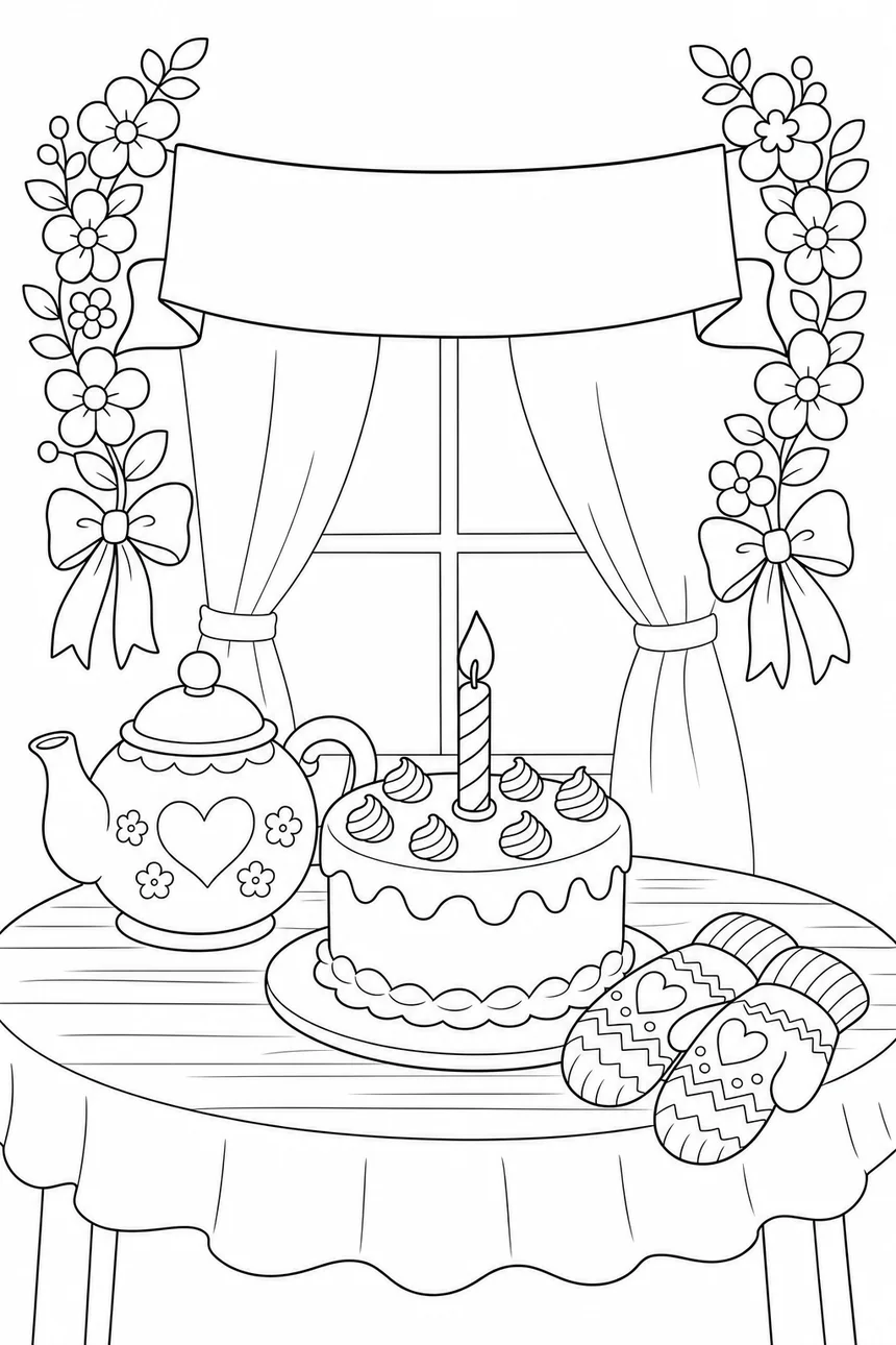 Coloriage d'anniversaire pour mamie : une banderole vide entre deux guirlandes de fleurs, une théière, un gâteau à une bougie et des moufles tricotées