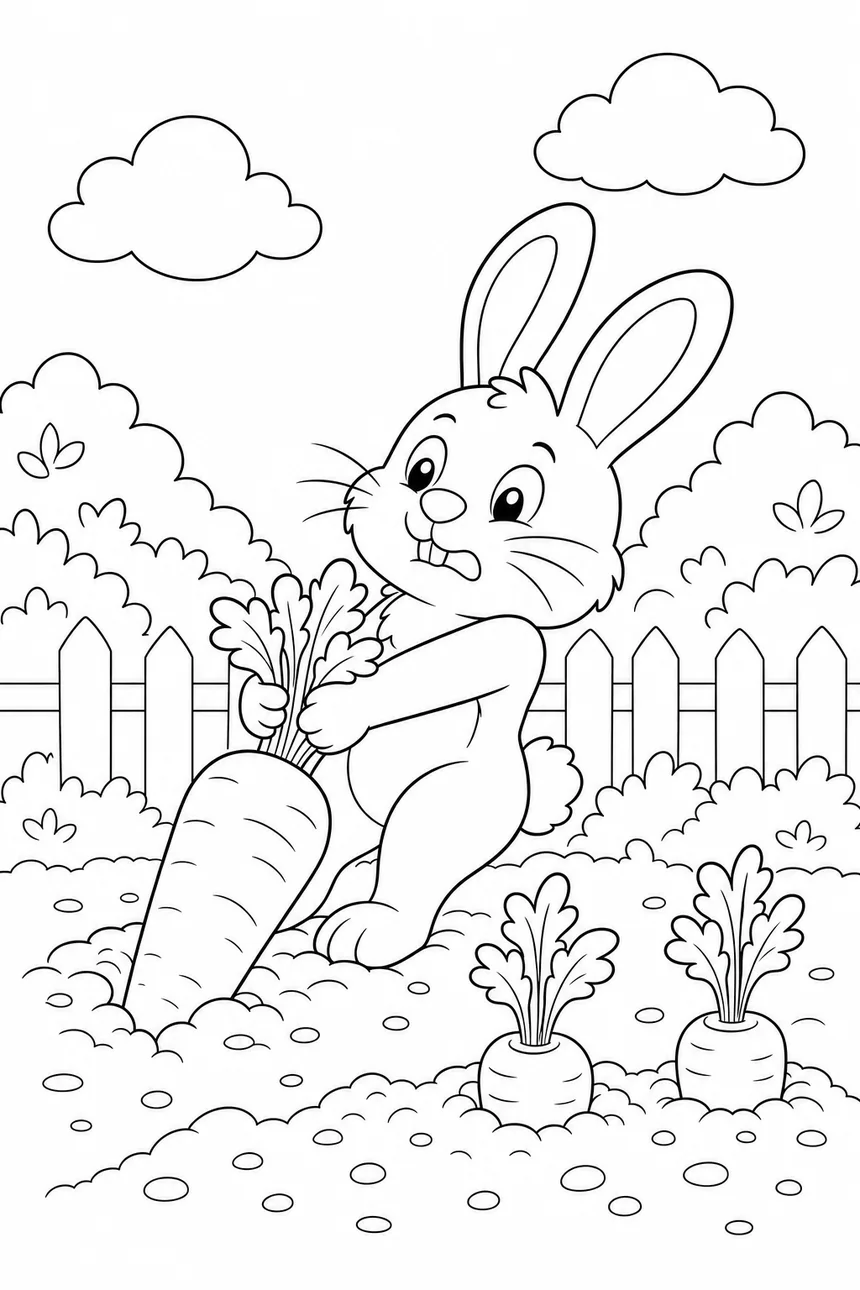 Coloriage d'un lapin qui tire une grosse carotte hors de la terre en se penchant en arrière, deux autres fanes dépassent du sillon