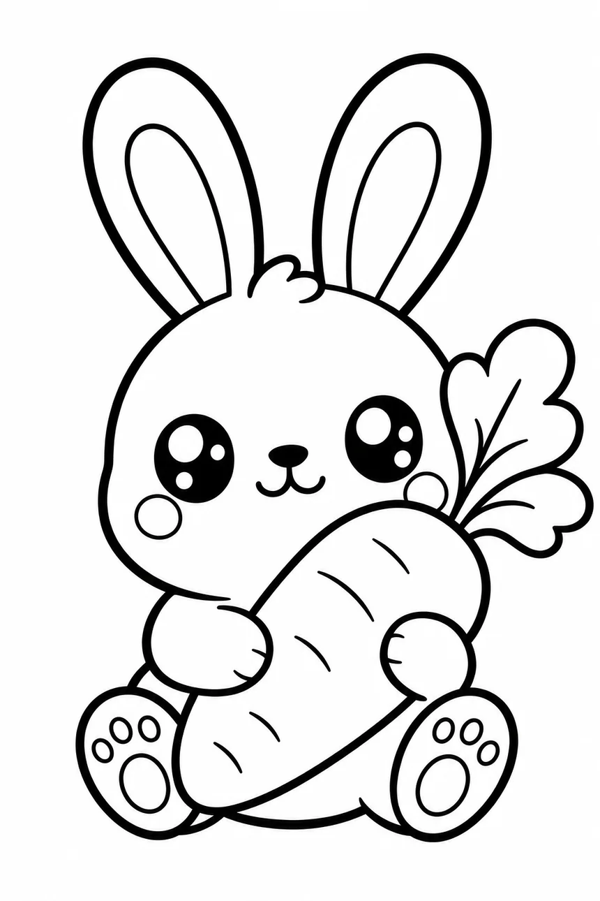 Coloriage kawaii d'un petit lapin assis aux longues oreilles, serrant contre lui une carotte géante avec ses fanes