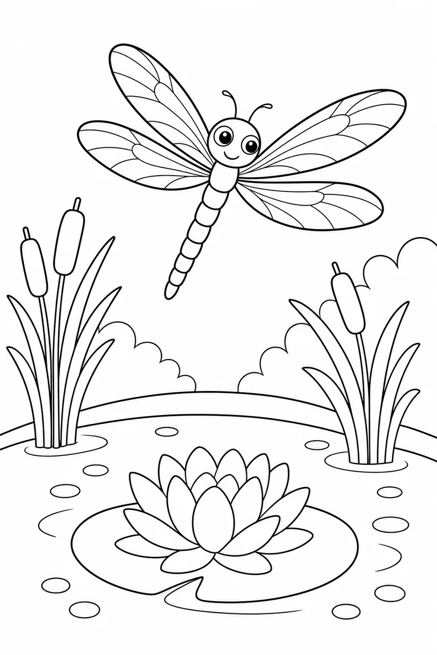 Coloriage d'une libellule aux quatre grandes ailes au-dessus d'un étang, roseaux et fleur de nénuphar en dessous, ronds sur l'eau