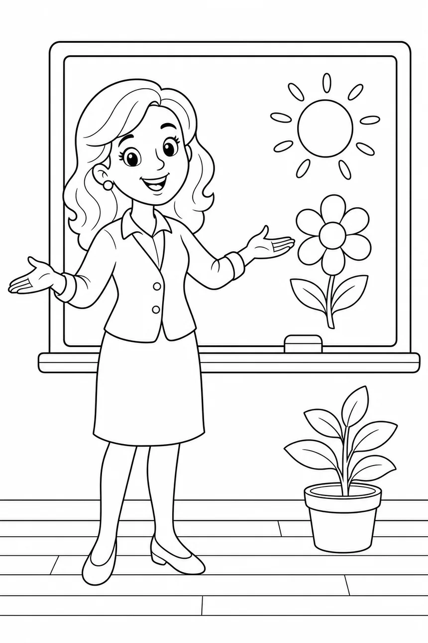 Coloriage d'une maîtresse souriante, bras ouverts en signe de bienvenue, devant un tableau où sont dessinés un soleil et une fleur