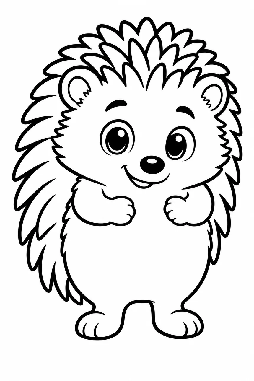 Coloriage de Malo le hérisson debout tout seul, corps rond et piquants arrondis, avec son sourire tranquille