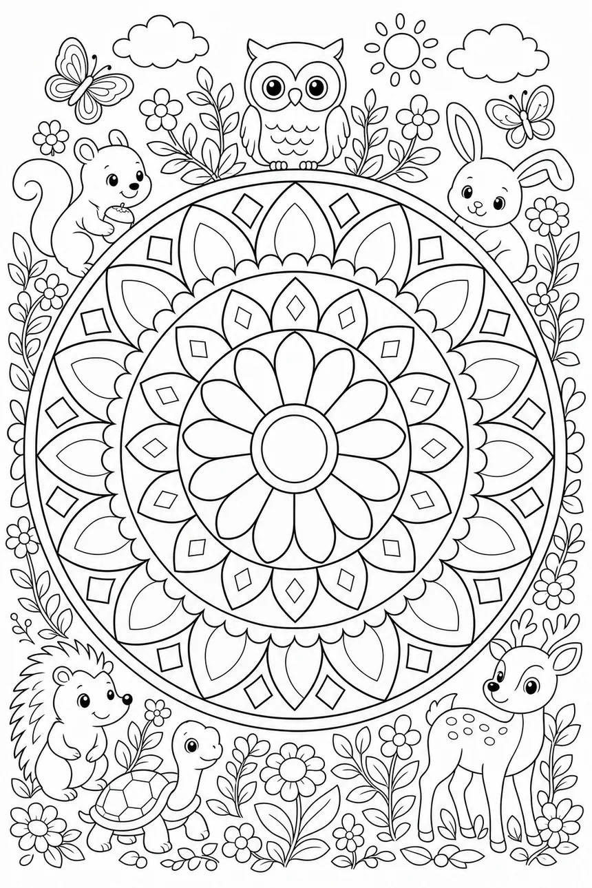 Mandala pour enfant de 7 ans : grande rosace de pétales entourée des animaux de la forêt, chouette, écureuil, lapin, hérisson, tortue et faon