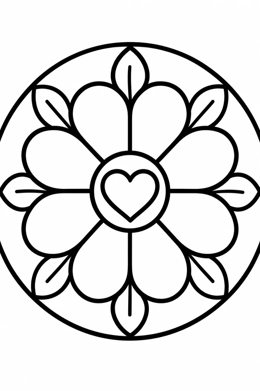Mandala fleur facile : un cœur au centre, huit grands pétales autour, des pointes de feuilles entre chaque pétale
