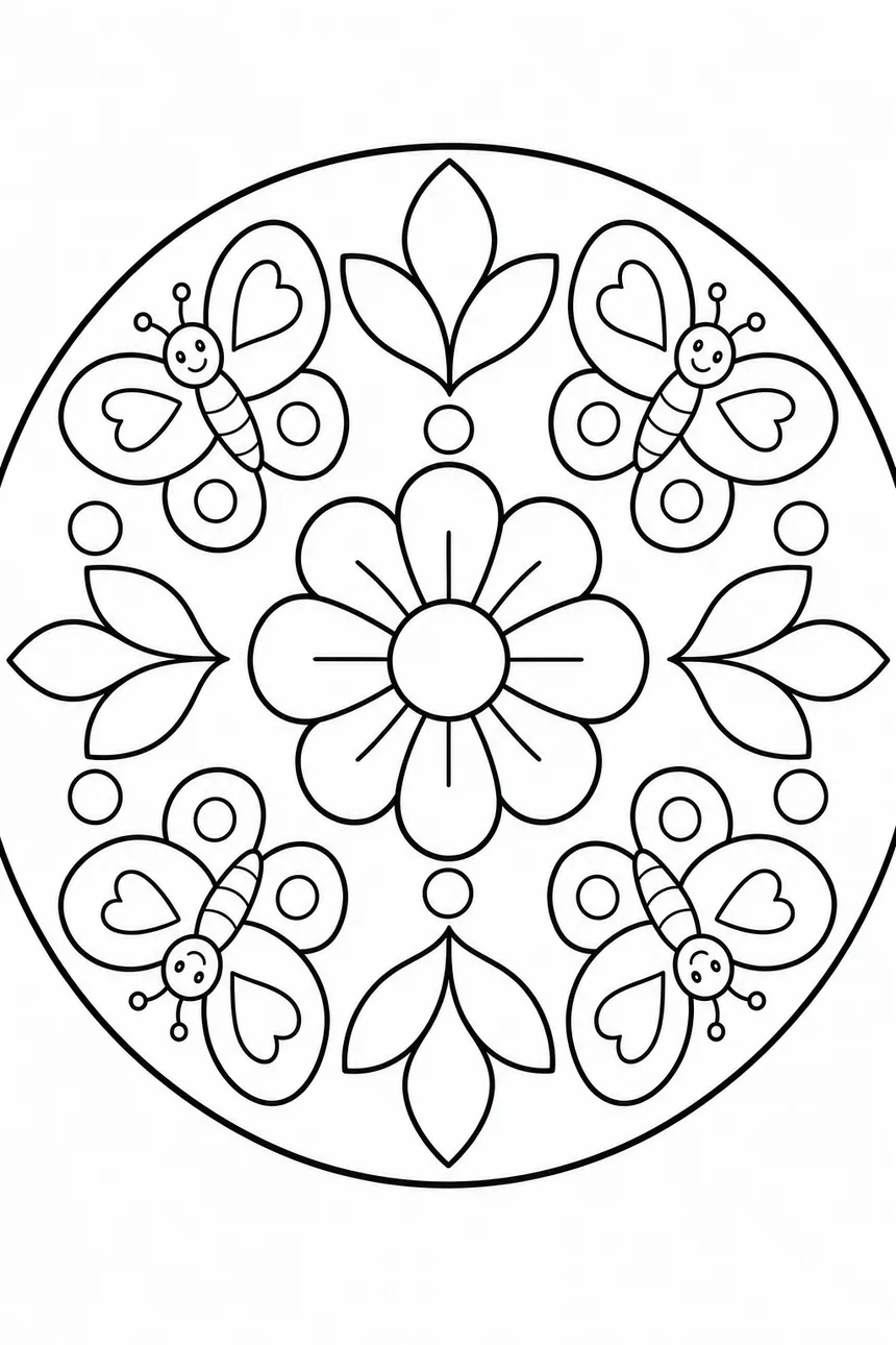 Mandala aux quatre papillons : ailes ouvertes disposées autour d'une fleur centrale, petits cœurs entre les papillons