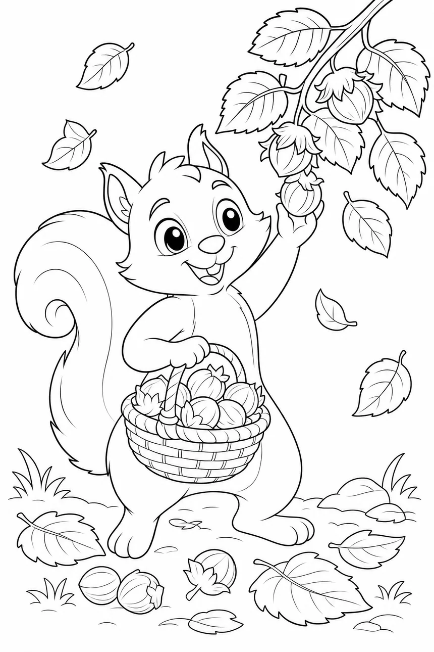 Coloriage de Nina l'écureuil tenant un panier tressé rempli de noisettes, en train d'en cueillir une sur une branche basse, feuilles qui tombent