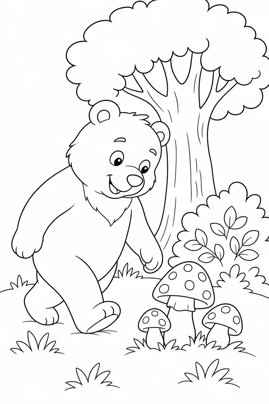 Coloriage d'un ours qui marche dans la forêt et regarde une famille de trois champignons, un arbre et un buisson derrière