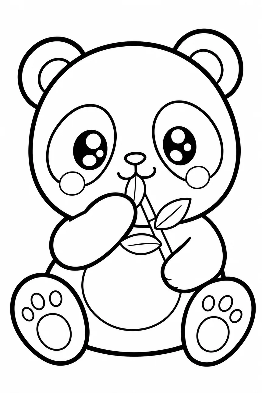 Coloriage kawaii d'un bébé panda assis au gros ventre rond qui grignote une feuille de bambou