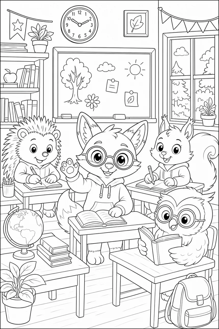 Coloriage de Ren le renard et ses amis assis en classe, avec un tableau, des pupitres et une fenêtre