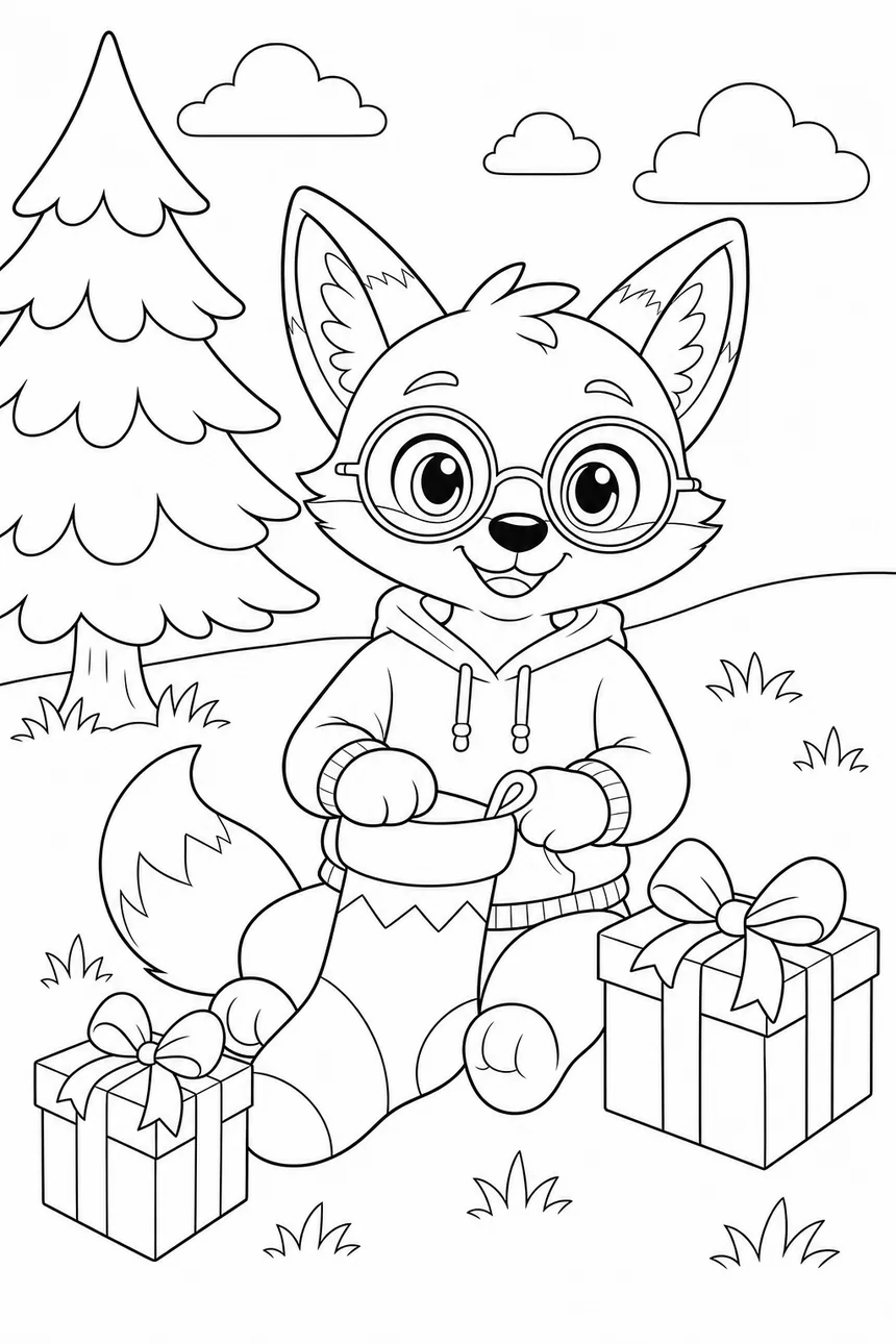 Coloriage de Ren le renard assis avec une chaussette de Noël et deux cadeaux à nœud