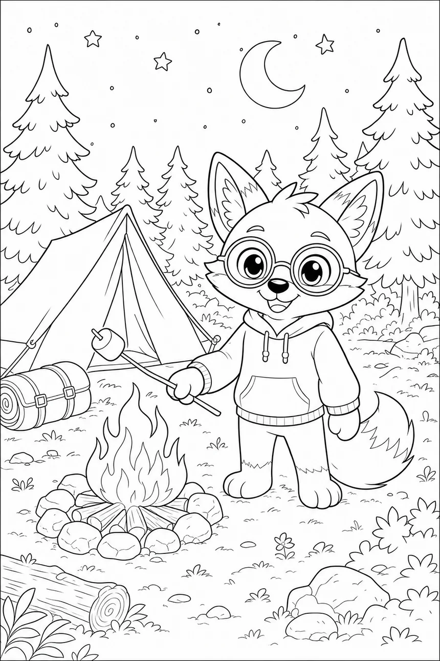 Coloriage de Ren le renard qui fait griller un marshmallow au feu de camp, devant sa tente, sous un ciel étoilé avec croissant de lune