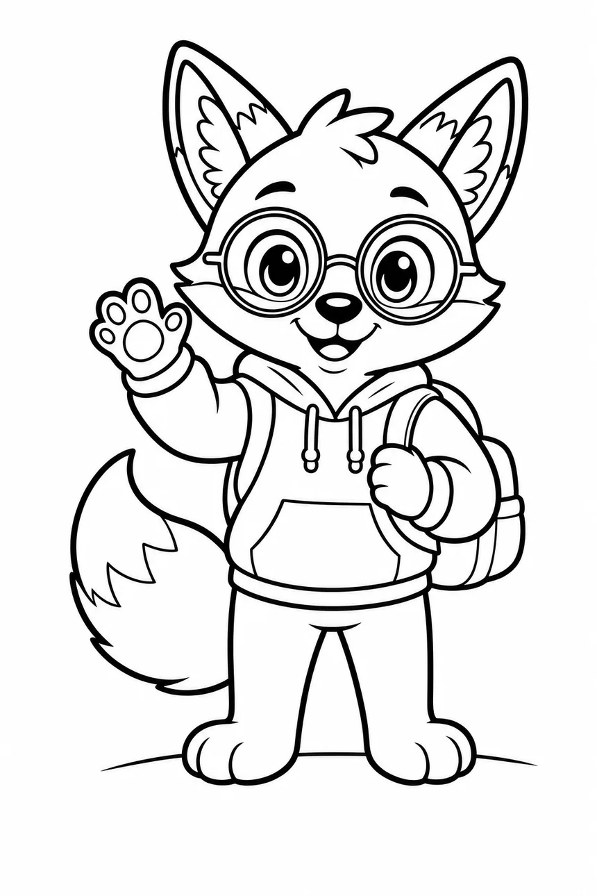 Coloriage de Ren le renard debout avec un cartable sur le dos, prêt pour l'école