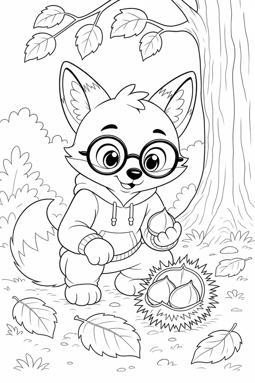 Coloriage de Ren le renard accroupi devant une bogue de châtaigne ouverte contenant deux châtaignes, une troisième dans sa patte, air concentré