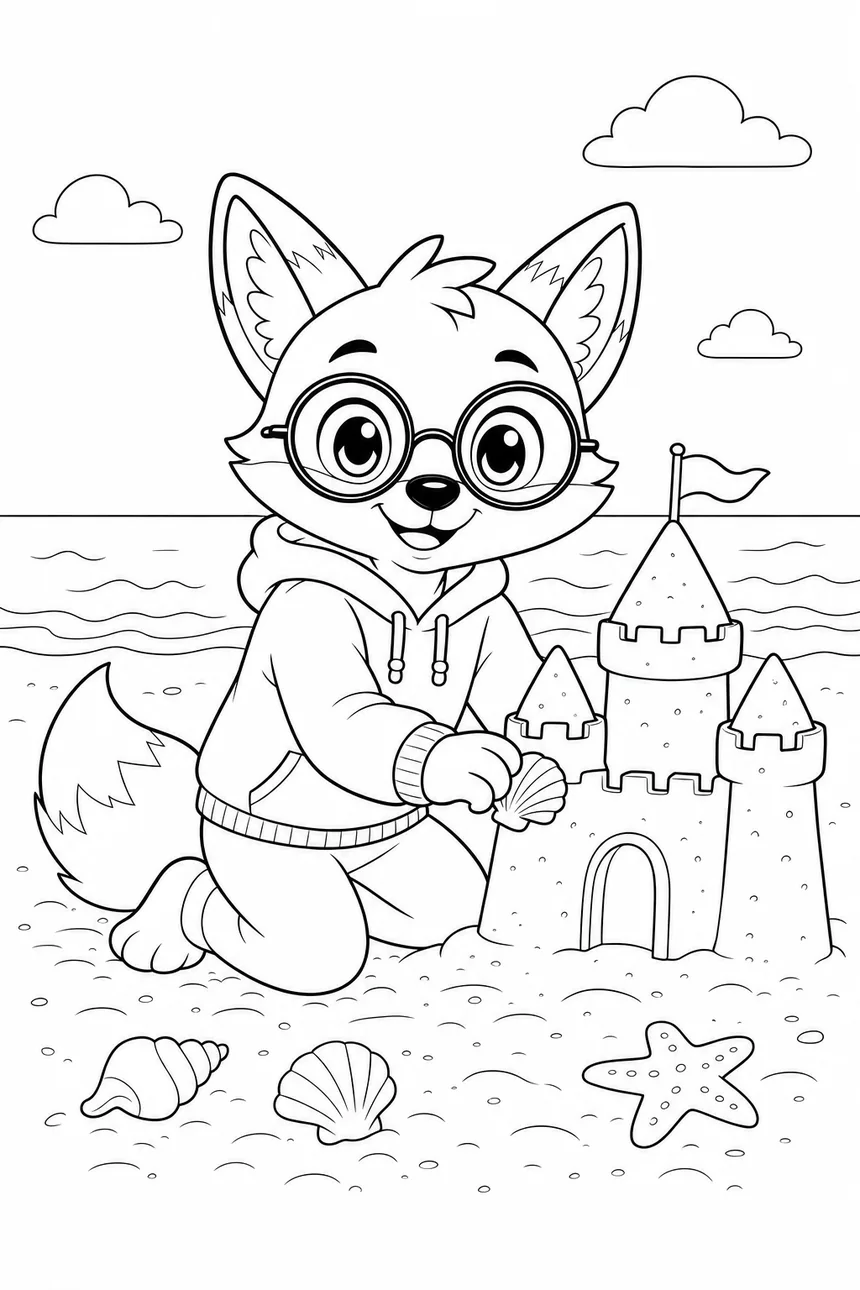 Coloriage de Ren le renard agenouillé près d'un château de sable à trois tours, posant un coquillage dessus