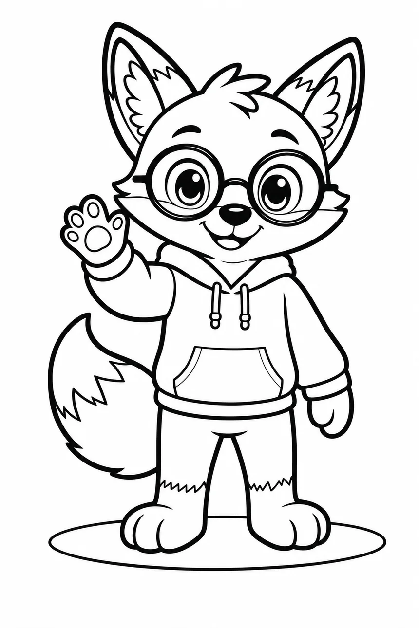 Coloriage de Ren le renard debout, une patte levée pour dire bonjour