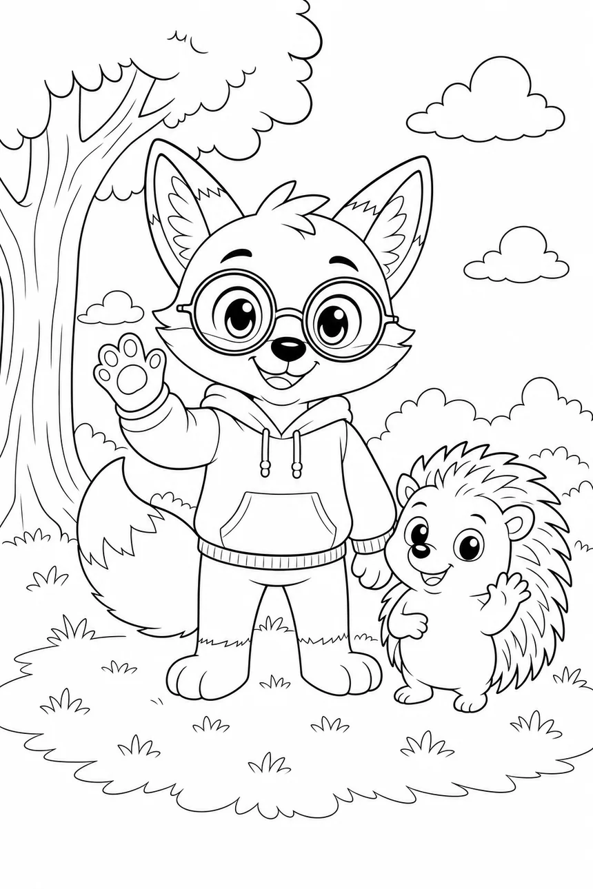 Coloriage de Ren le renard debout à côté de Malo le hérisson, tous les deux souriants