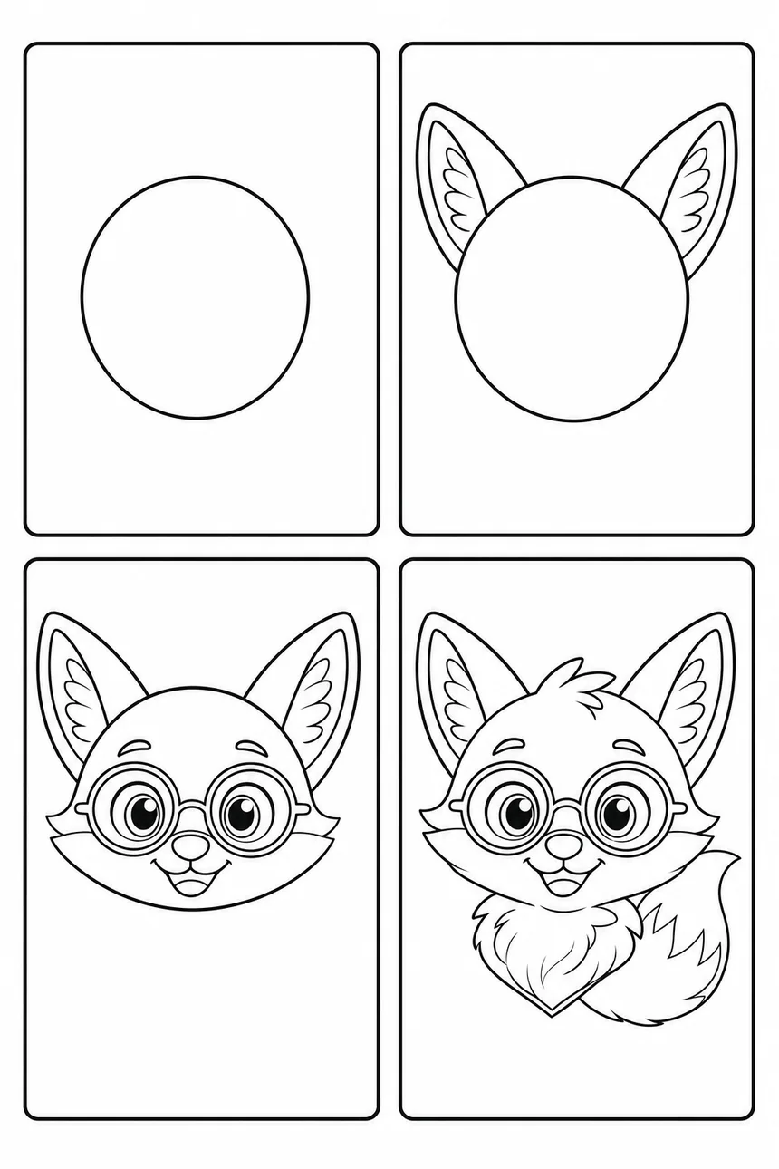 Planche de dessin en quatre cases montrant la tête de Ren étape par étape : le rond, les oreilles, le visage, le renard fini