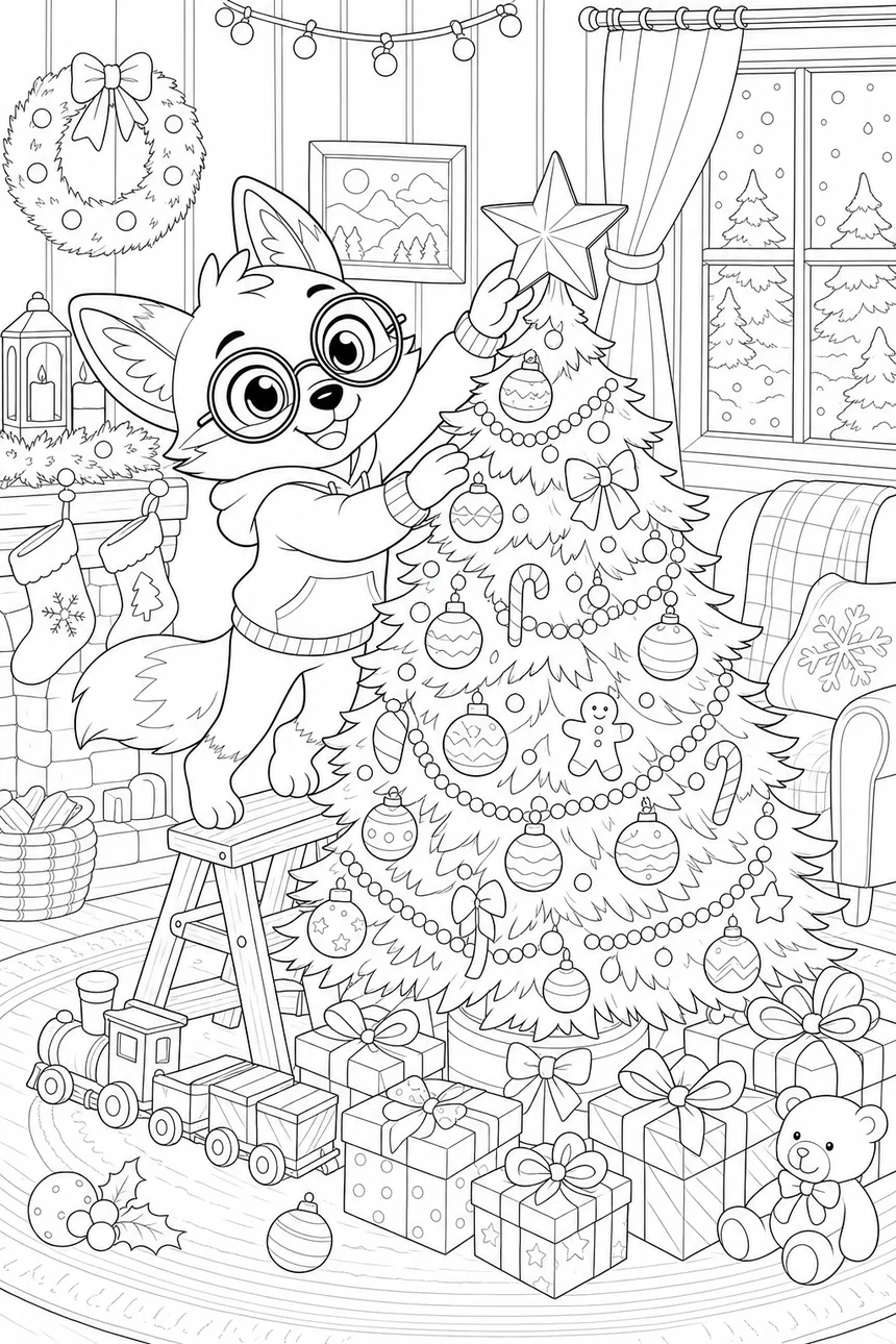 Coloriage de Noël de Ren le renard sur la pointe des pieds qui pose une étoile en haut d'un grand sapin décoré