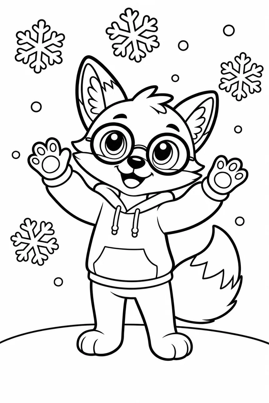 Coloriage de Ren le renard qui lève les pattes pour attraper de gros flocons de neige