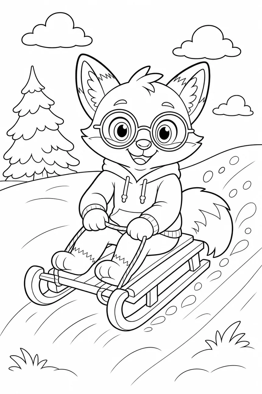 Coloriage de Ren le renard qui descend une pente enneigée en luge