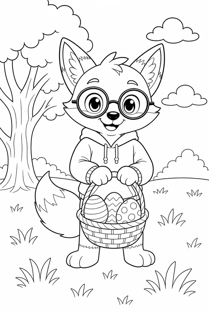 Coloriage de Ren le renard tenant un panier rempli d'œufs de Pâques décorés